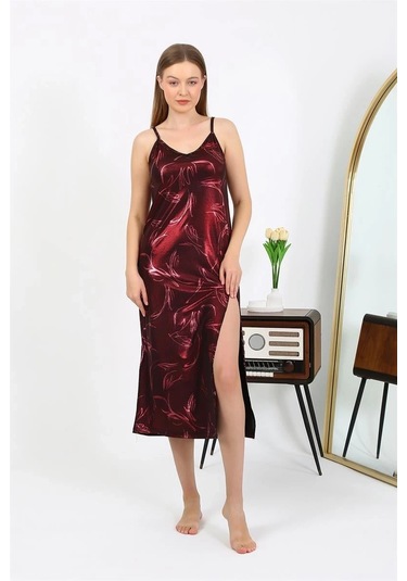 Giyim Kadın İp Askılı Uzun Parlak Micro Elbise Gecelik Bordo Bordo