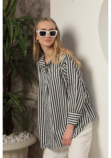 Chıcnhappy Poplin Kalın Çizgi Kadın Gömlek Siyah 24pn50610147 Siyah