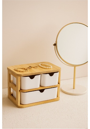 Doğal Bambu Çok Amaçlı 3 Gözlü Çekmeceli Organizer Br-6711 Beyaz