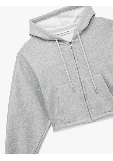 Koton Şardonlu Kapüşonlu Baskılı Simli Cep Detaylı Fermuarlı Sweatshirt Kar Melanj 6wal10488ık Gri Melanj