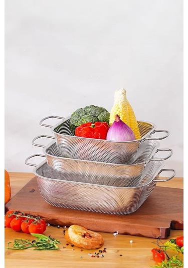 Olla Gümüş Paslanmaz Çelik Kevgir Karıştırma Kasesi Salata Makarna Sebze Meyve Süzgeç 35x27 Cm Gümüş