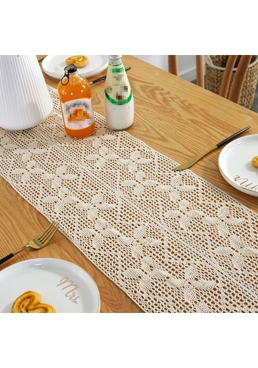 Genişletilmiş Ve Dikişli Rustik Örme İçi Boş Masa Örtüsü, Ebat: 30x300cm Phoenix Çift Dikiş Çok Renkli