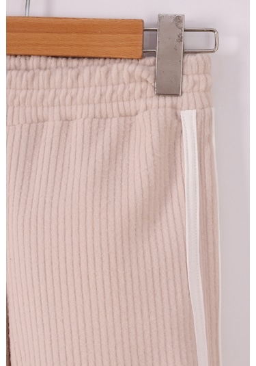 Monox Kız Çocuk Çiçek Baskılı İpli Şeritli Pantolon Fitilli Polar Takım Bej