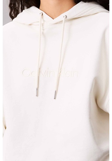 Kadın Kapüşonlu Nakış Logolu Sweatshirt - Ekru Tofu