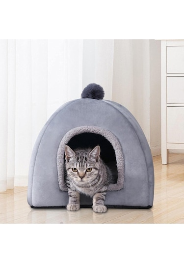 Mufunye Kedi Yatağı, Evcil Hayvanlar İçin Isıltılı Rahat Mağara Tasarımı, Makinede Yıkanabilir Gri