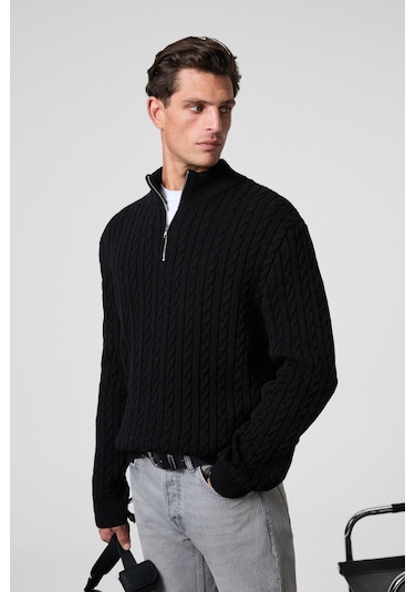 IVAR Erkek Yarım Fermuarlı Dik Yakalı Saç Örgü Desenli Triko Siyah Kazak