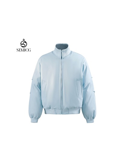 Üçlü Dayanıklı Dik Yaka Bol Retro Erkek Pamuklu Dolgulu Ceket Mavi