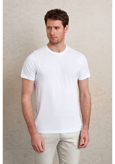 Hatemoğlu Regular Fit Pamuk Bisiklet Yaka Baskılı Jersey Erkek Tişört Beyaz