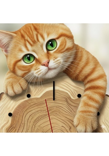 Cajuart Kütük Üzerinden Bakan Sarman Kedi Tasarımlı Duvar Saati Modern Dekoratif Saat Kahverengi