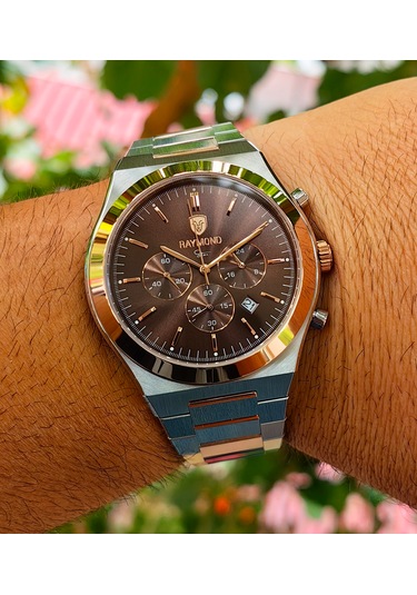 Raymond Star Serisi Kahverengi Kadran Çelik Erkek Kol Saati Gümüş - Rose Gold