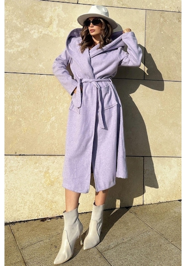 Kadın Lila Kruvaze Yaka, Kapüşonlu, Çift Cepli, Beli Kemerli, Uzun Kaşe Kaban Astarsız Lila