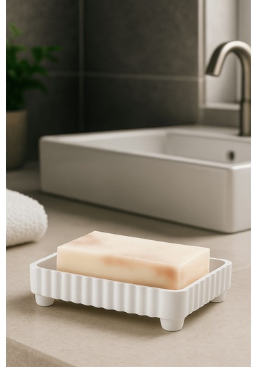 Lines Serisi Beyaz Banyo Seti, 5 Parça Akrilik Kare 5 Litre Çöp Kovası, Sabunluk, Fırçalık Takımı 3462 Beyaz