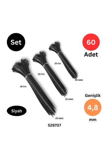 Plastik Kablo Bağı Klipsi Cırt Kelepçe 250-300-380 Mm X 4.8 Mm Siyah 20 Şer Adet Toplam 60 Adet Siyah