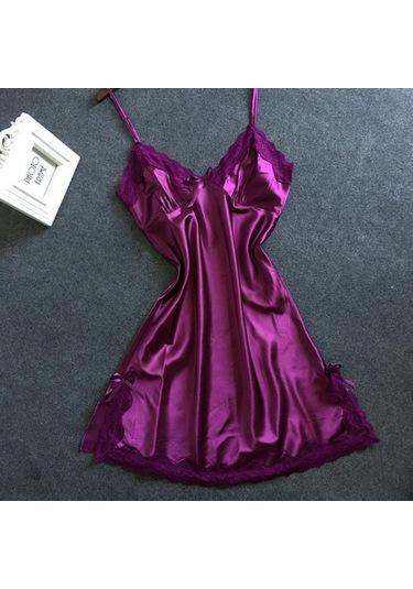 Homyl Bayan Sexy Lingerie Pijama Saten Ilmek Dantel Babydoll Cami Mor