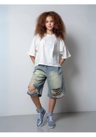 Kız Çocuk Yırtık Denim Kot Şort-15784 Mavi