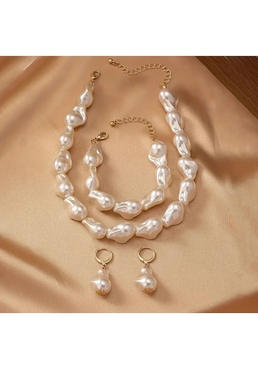Şık Zarif Elegant Barok Inci Set Kolye Bileklik Küpe Beyaz