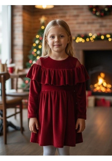 Kız Çocuk Omuzları Açık Kat Kat Fırfırlı Kırmızı Kadife Elbise-16404 Kırmızı