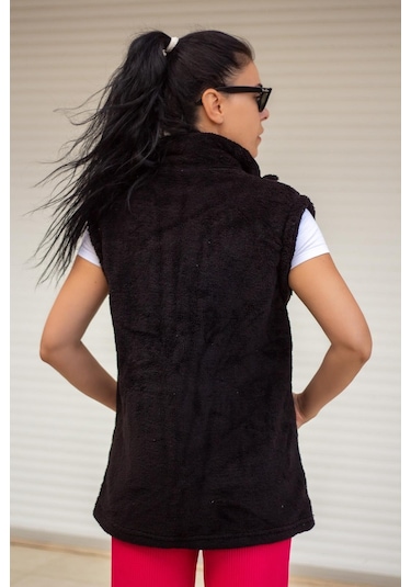 Kadın Siyah Peluş Welsoft Kalın Fermuarlı Hakim Yaka Yelek 23kylkmy10 001