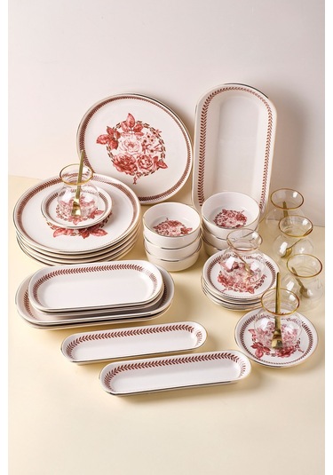 Danish Rose Yaldızlı 37 Parça 6 Kişilik Stackable Kahvaltı Takımı Ve Sunum Seti Pembe Pembe