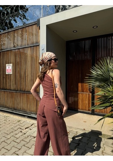 Keten Asimetrik Tek Omuzlu Bluz Pantalon Takım- Bordo Bordo