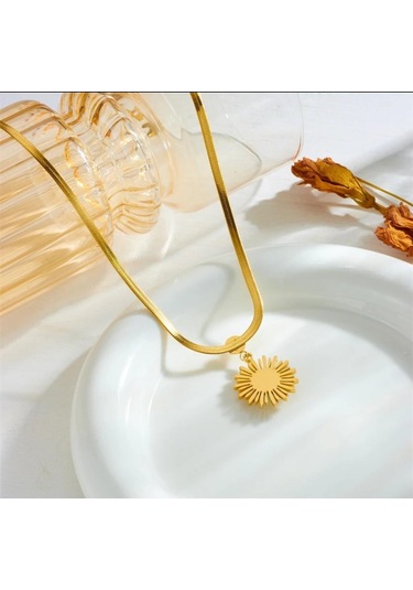 Çelik İtalyan Zincirli Firuze Doğaltaşlı Bayan Altın Renk Kolye Çelik