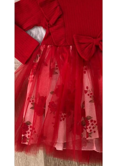 Kız Çocuk Çiçekli Toz Pembe -kırmızı Tütü Doğum Günü Abiye Prenses Şık Elbise Kırmızı