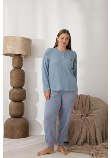 Lindros Kadın Pamuk'lu Düğme Yaka Raporlu İnterlok Kışlık Battal Pijama Takımı 0242 - 1 Adet Mavi