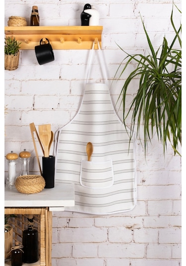 Morlay Önlük+Fırın Eldiveni+Tutacak 2 Adet+Poşetlik+Demlematik Mutfak Seti 6'lı Krem - Gri Çizgili