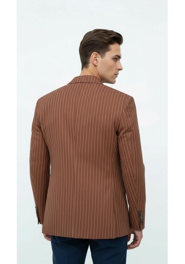 Plus Scorpion Kahverengi Çizgili Erkek Kruvaze Blazer Ceket İtalyan Kesim, Modern Şıklık Kahverengi
