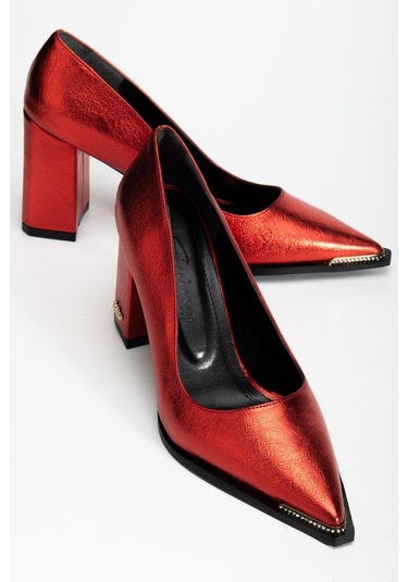 Suins Premium Verty Model Kadın Kalın Topuklu Burnu Taşlı Rugan Stiletto Ayakkabı Kırmızı