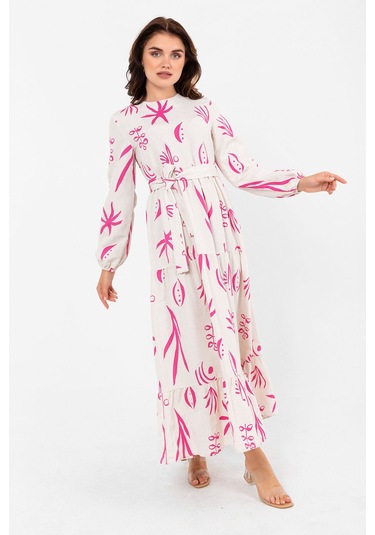 Desenli Yazlık Baharlık Keten Elbise 2103 Pembe