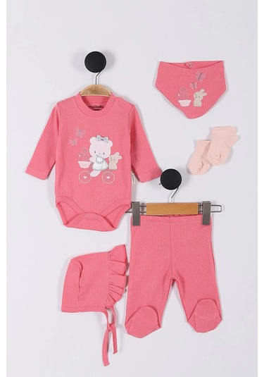 Tavşan Desenli Müslin Kız Bebek Hastane Çıkışı Bebek Kıyafetleri Yenidoğan Hastane Çıkış Seti 5 Li Pudra