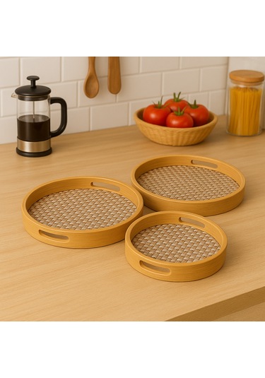 Dekorasyaa Yuvarlak Bambu Tepsi 3'lü Set - 25x30x35 Bambu