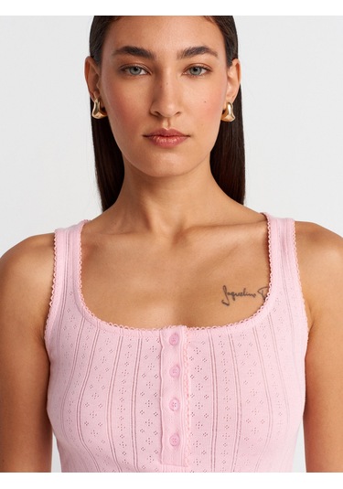 Dilvin 21069 Düğmeli Kare Yaka Top-toz Pembe Toz Pembe