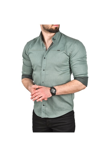 Deepsea Erkek Yeşil Slim Fit Pamuklu Kot Gömlek Kolay Ütülenebilir Çıt Çıtlı Likralı Spor Gömlek 2502504 Yeşil