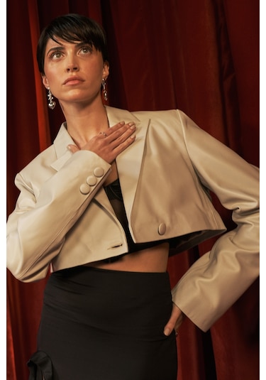 Dericlub Jasmine Kadın Crop Blazer Hakiki Deri Ceket Bej Null Bej