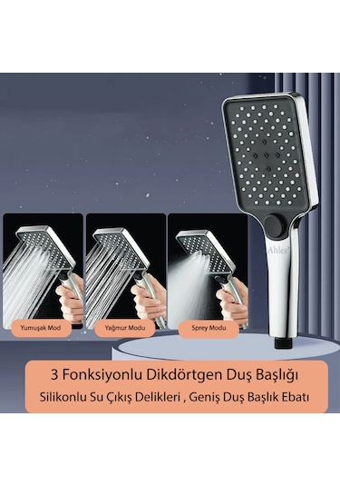 Aqua Kare 3 Fonksiyonlu Duş Başlığı Ve Duş Hortumu Duş Seti Krom