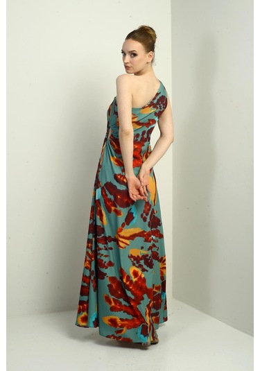 Kadın Tek Omuz Yandan Pencereli Desenli Uzun Krep Saten Elbise-40751 Mint