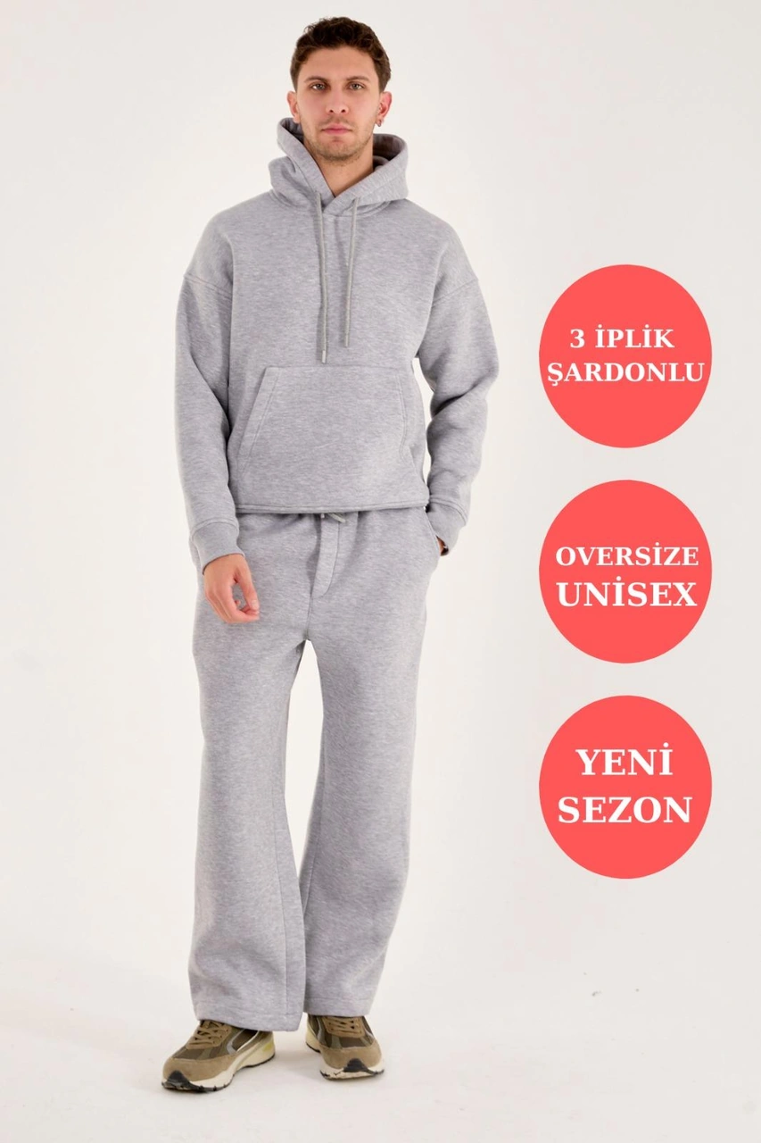 Q-4008 Kapüşonlu Üç İp Şardonlu Sweat Gri