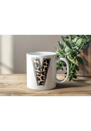V Baş Harf Leopar Desenli Kupa Bardak - Kişiye Özel Feminen Konsept Hediye - Vahşi Hayvan Desenli Beyaz