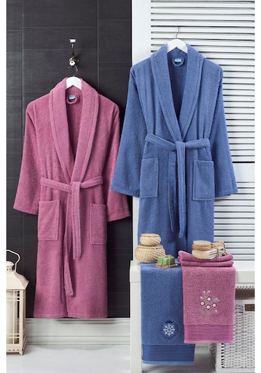 4 Parça Aile Bornoz Seti Kadın Erkek Havlulu Bornoz Takımı Mürdüm-lacivert