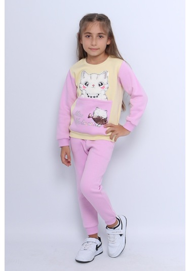 Kız Çocuk 3 İplik Eşofman Takımı Kedi Baskılı E4 LİLA