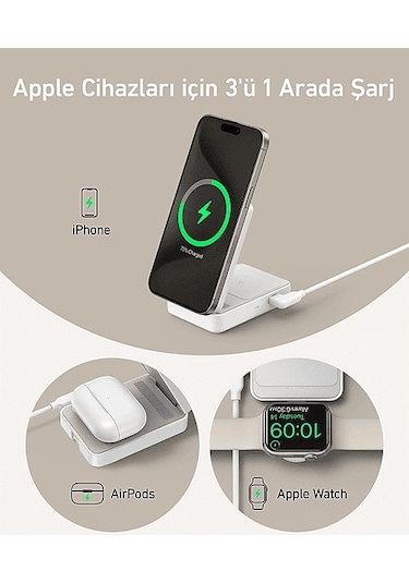 Anker Maggo Katlanabilir 3'ü 1 Arada Kablosuz Şarj İstasyonu Beyaz