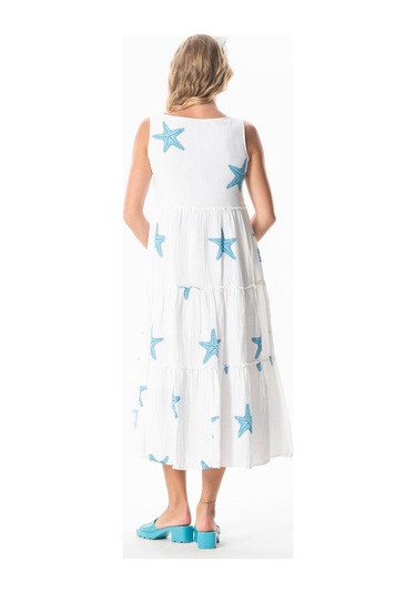 Kolsuz Artemis Oval Yaka Yıldız Baskılı Midi Boy Müslin Yazlık Elbise Beyaz Yıldız Desen Byzyldz Beyaz Yıldız Desen