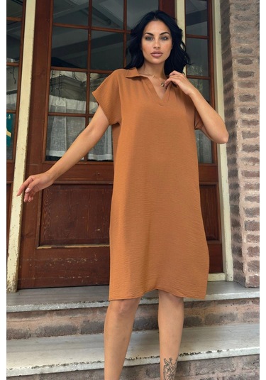 Taba Desenli Polo Yaka Rahat Midi Airobin Elbise Taba