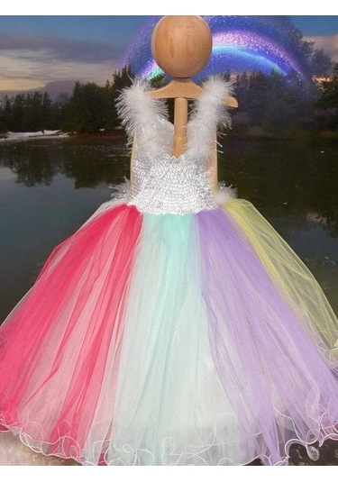 Kız Çocuk Unicorn Etekleri Gökkuşağı Tarlantanlı Abiye Elbise-15466 Çok Renkli