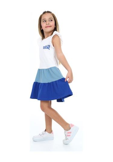 Toontoy Kız Çocuk Fırfırlı Garni Detaylı Elbise Mavi