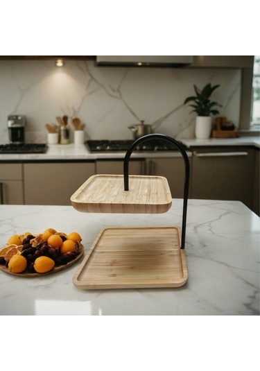 Bambu 2 Katlı Stant, Sunum Standı , Çift Katlı Sunumluk, Dekoratif Stant, Sunum Seti - Kare / Siyah Siyah