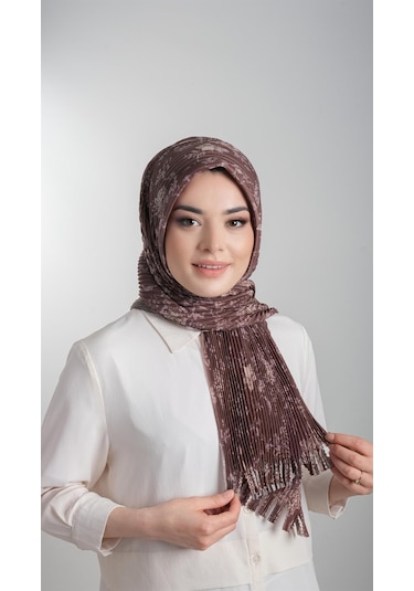Kahverengi Pratik Hazır Geçmeli Tesettür Eşarp Kesik Elyaf Piliseli Çiçek Desenli 1818d6 14