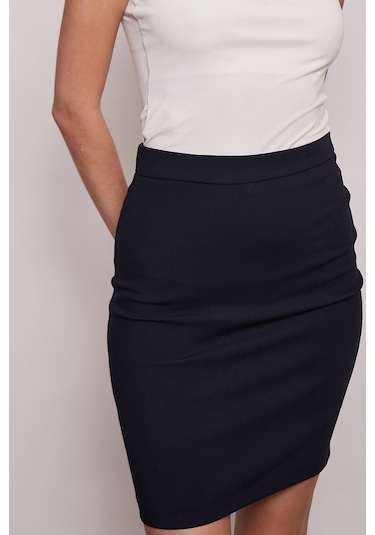 Yüksek Bel Diz Üstü Şık Kumaş Kalem Etek-Lacivert